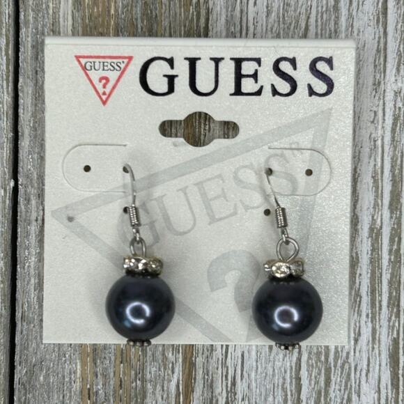3/$15 GUESS Silver Tone White Rhinestone Gray Faux Pearl Fishhook Earrings - Picture 3 of 6